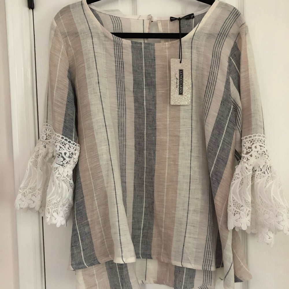 Lungo L’Arno 100% Linen And Lace Bell Sleeve Top